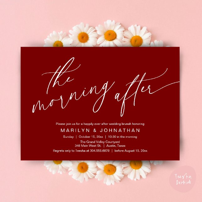 Morgonen efter, lyckligtvis efter Brunch Inbjudningar (The Morning After, Happily Ever After Brunch Invites Card PDF Romantic Aesthetic Burgundy Wine Red)