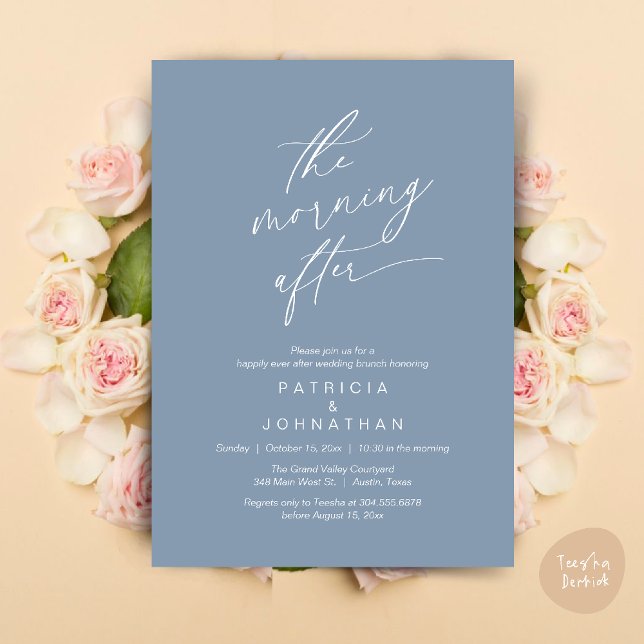 Morgonen efter, lyckligtvis efter Brunch Inbjudningar (The Morning After, Happily Ever After Brunch Invitation Card PDF in Romantic Aesthetic Dusty Blue)