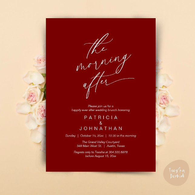 Morgonen efter, lyckligtvis efter Brunch Inbjudningar (The Morning After, Happily Ever After Brunch Invites Card PDF Romantic Aesthetic Burgundy Wine Red)