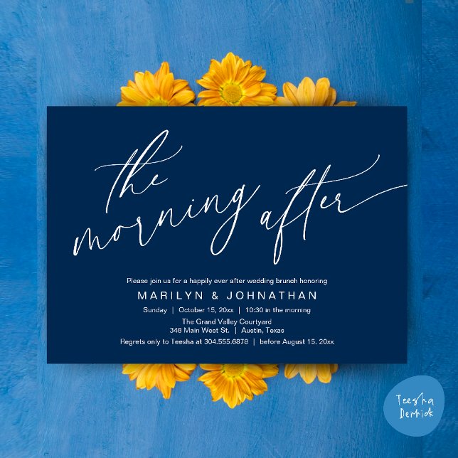 Morgonen efter, lyckligtvis efter Brunch Inbjudningar (The Morning After, Happily Ever After Brunch Invites Card PDF Romantic Aesthetic Navy Blue)