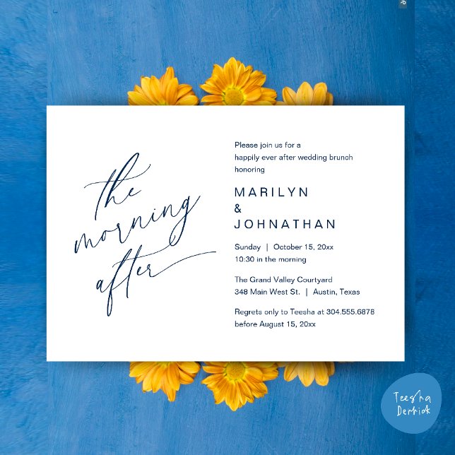 Morgonen efter, lyckligtvis efter Brunch Inbjudningar (The Morning After, Happily Ever After Brunch Invites Card PDF Romantic Aesthetic Navy Blue)