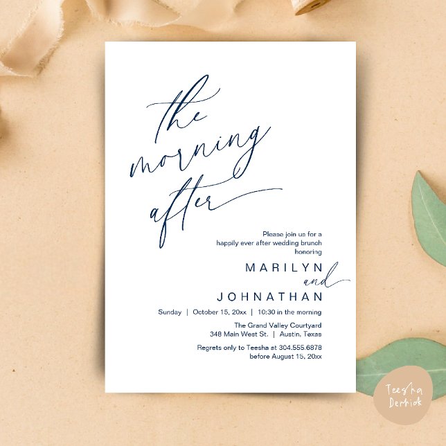 Morgonen efter, lyckligtvis efter Brunch Inbjudningar (The Morning After, Happily Ever After Brunch Invites Card PDF Romantic Aesthetic Navy Blue)