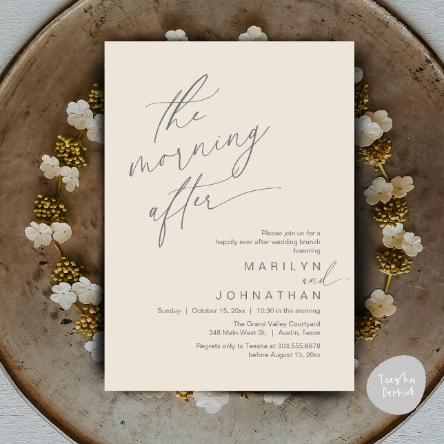 Morgonen efter, lyckligtvis efter Brunch Inbjudningar (The Morning After, Happily Ever After Brunch Invitation Card PDF in Romantic Aesthetic Cream Grey)