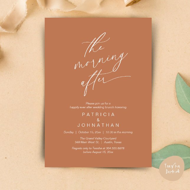 Morgonen efter, lyckligtvis efter Brunch Inbjudningar (The Morning After, Happily Ever After Brunch Invitation Card PDF in Romantic Aesthetic Copper Brown)