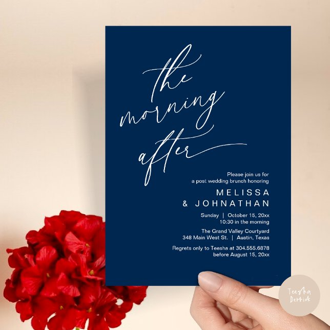 Morgonen efter, lyckligtvis efter Brunch Inbjudningar (The Morning After Modern Romantic Post Wedding Elopement Brunch Invitation Card PDF in Navy Blue)