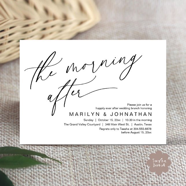 Morgonen efter, lyckligtvis efter Brunch Inbjudningar (The Morning After Modern Romantic Post Wedding Elopement Brunch Invitation Card PDF in White Black)