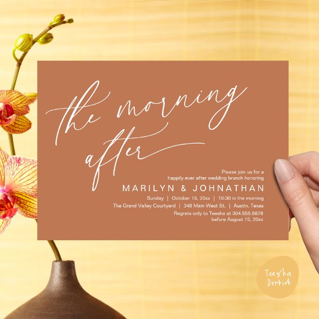 Morgonen efter, lyckligtvis efter Brunch Inbjudningar (The Morning After Modern Romantic Post Wedding Elopement Brunch Invitation Card PDF in Copper Brown)