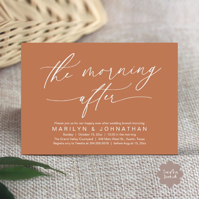 Morgonen Efter Modern Bröllopsflykt Brunch Inbjudningar (The Morning After Modern Romantic Post Wedding Elopement Brunch Invitation Card PDF in Copper Brown)