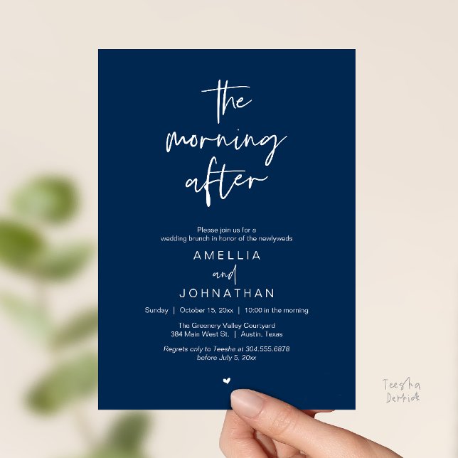 Morgonen efter, Modern efterbröllopsbrunch Inbjudningar (The morning after, Modern Post Wedding Brunch celebration  Invitation card in navy blue)