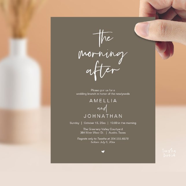 Morgonen efter, Modern efterbröllopsbrunch Inbjudningar (The morning after, Modern Post Wedding Brunch celebration  Invitation card in taupe brown)