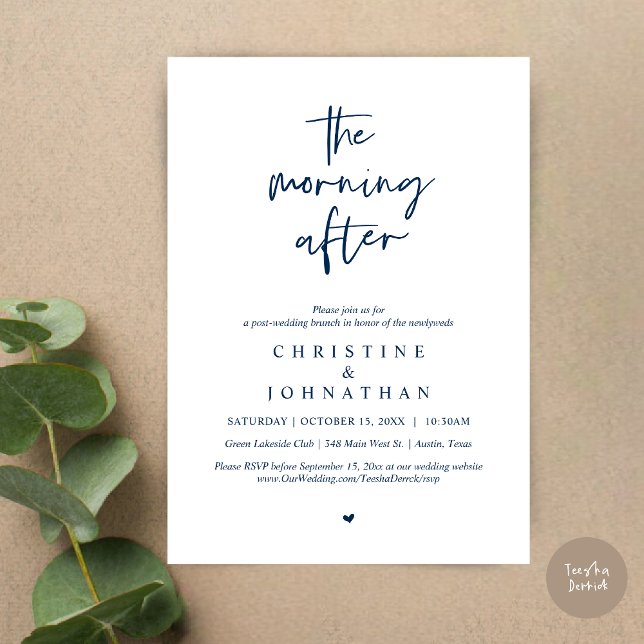 Morgonen efter, Modern Post Bröllop Brunch Inbjudningar (The Morning After, Modern Post wedding brunch invitation card, PDF, in Navy Blue)
