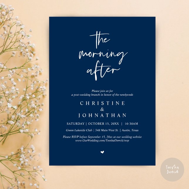 Morgonen efter, Modern Post Bröllop Brunch Inbjudningar (The Morning After, Modern Post wedding brunch invitation card, PDF, in Navy Blue)