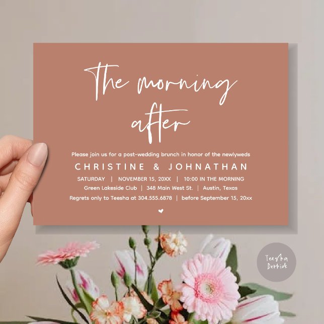Morgonen efter, Modern Post Bröllop Brunch Inbjudningar (Thanks a brunch, The Morning After, post wedding celebration invitation card, PDF, Terracotta Brown)
