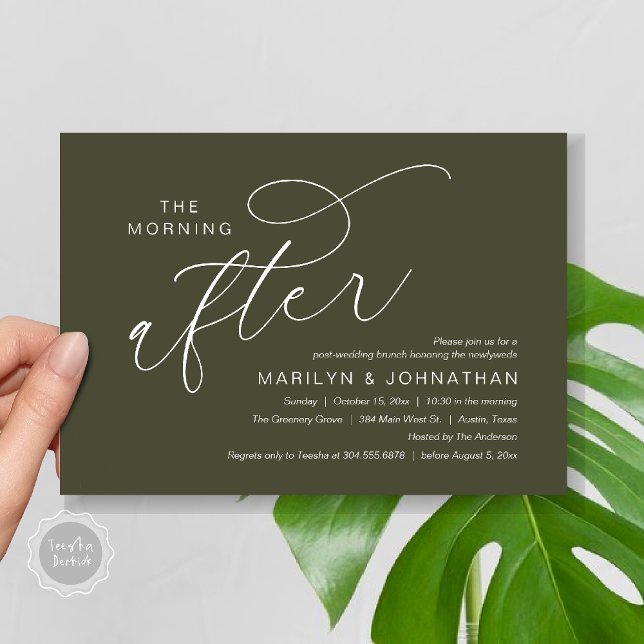Morgonen efter, Post Bröllop Brunch Tack Inbjudningar (The Morning After, Post Wedding Brunch Appreciate Thank You Invitation Card PDF Olive Green)
