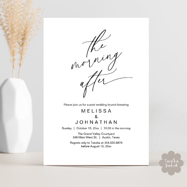 Morgonen efter, Romantic Post Bröllop Brunch Inbjudningar (The Morning After Modern Romantic Post Wedding Elopement Brunch Invitation Card PDF in White Black)