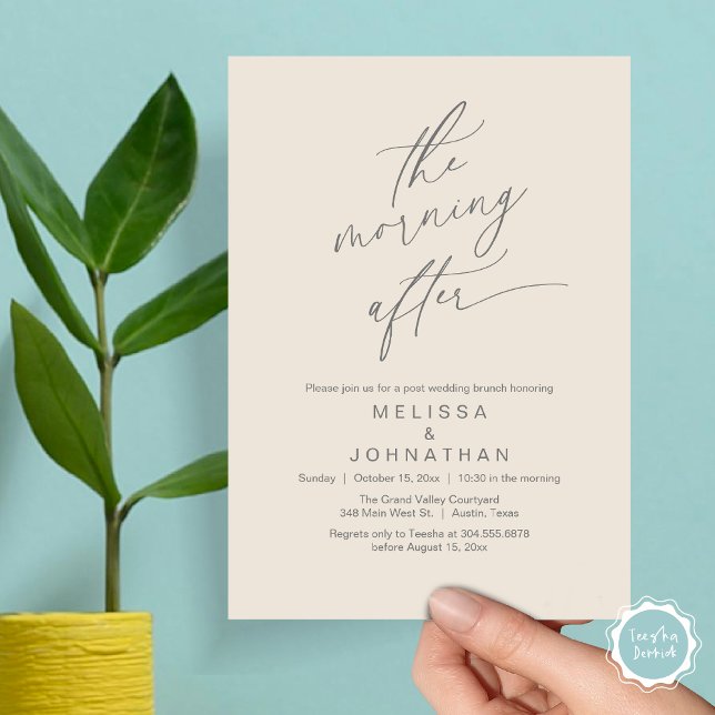 Morgonen efter, Romantic Post Bröllop Brunch Inbjudningar (The Morning After Modern Romantic Post Wedding Elopement Brunch Invitation Card PDF in Cream Grey)