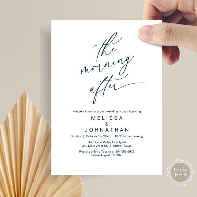 Morgonen Efter, Romantisk Bröllopsbrunch Inbjudningar (The Morning After Modern Romantic Post Wedding Elopement Brunch Invitation Card PDF in Navy Blue)