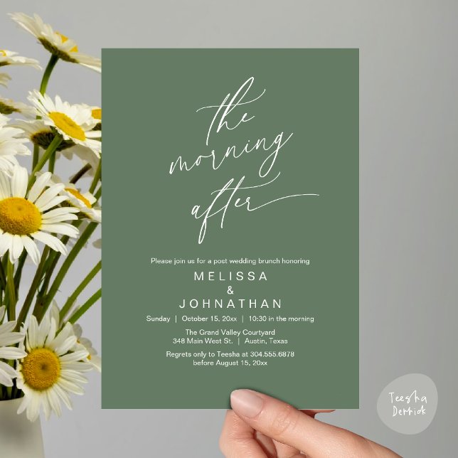 Morgonen Efter, Romantisk Bröllopsbrunch Inbjudningar (The Morning After Modern Romantic Post Wedding Elopement Brunch Invitation Card PDF in Sage Green)