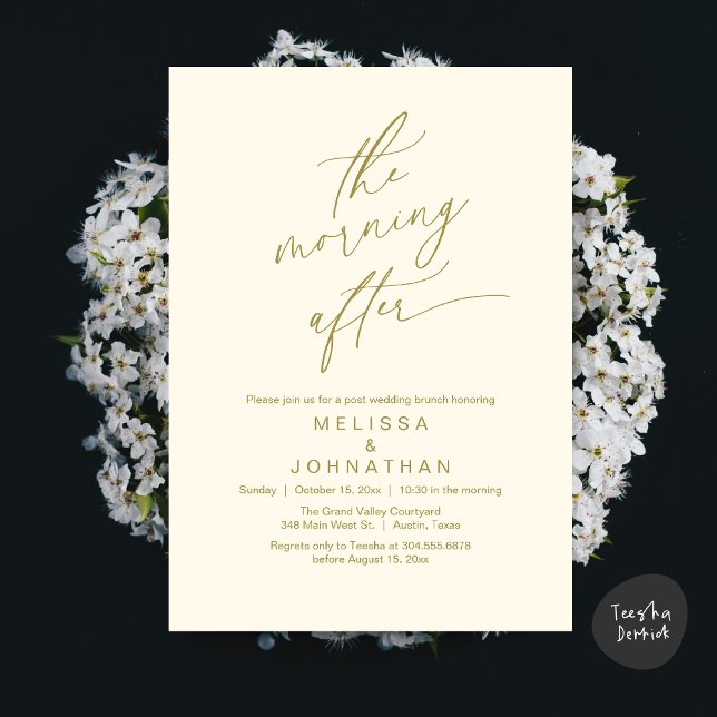 Morgonen Efter, Romantisk Bröllopsbrunch Inbjudningar (The Morning After Modern Romantic Post Wedding Elopement Brunch Invitation Card PDF in Yellow Gold)