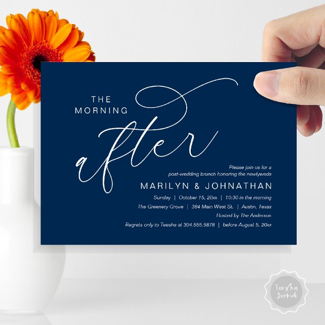 Morgonen Efter, Tacksamhet för Brunch efter Bröllo Inbjudningar (The Morning After, Post Wedding Brunch Appreciate Thank You Invitation Card PDF Navy Blue)