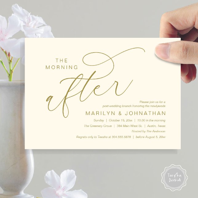 Morgonen Efter, Tacksamt Brunch efter Bröllopet Inbjudningar (The Morning After, Post Wedding Brunch Appreciate Thank You Invitation Card PDF Yellow Gold)