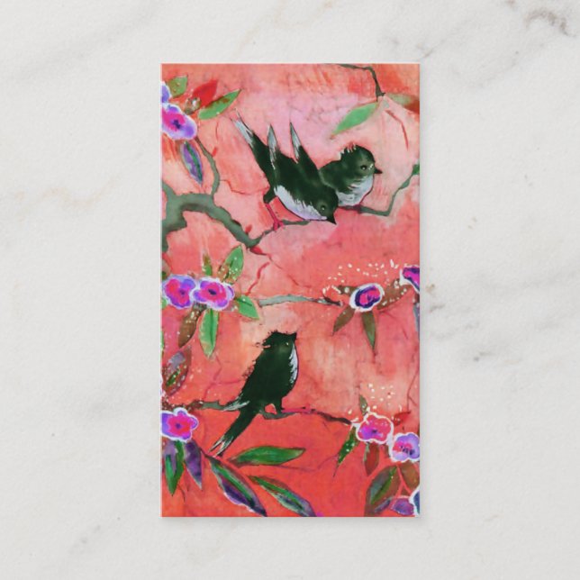 Morgonfärger: Fågelmålning i persika och Fuchsia Visitkort (Framsida)