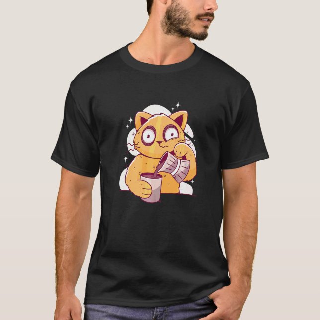 Morgonkaffe Sömnig Katt T Shirt (Framsida)