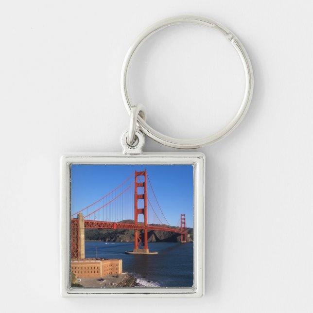 Morgonljus badar Golden Gate-bron Fyrkantig Silverfärgad Nyckelring (Framsidan)