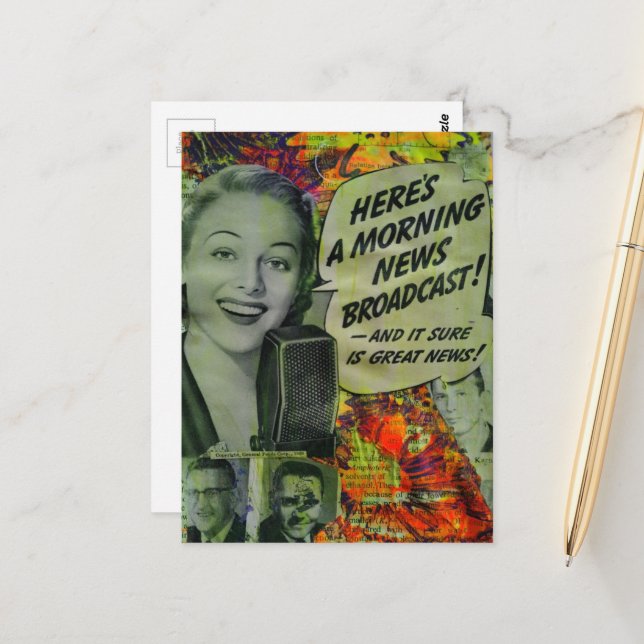 Morgonnyheter Retro Mixed Media Collage Vykort (Fram/Back In Situ)