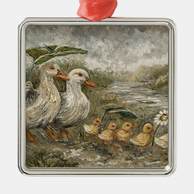 Morgonpendling Whimsical Farmhouse Anka Regnig Dag Julgransprydnad Metall (Framsidan)