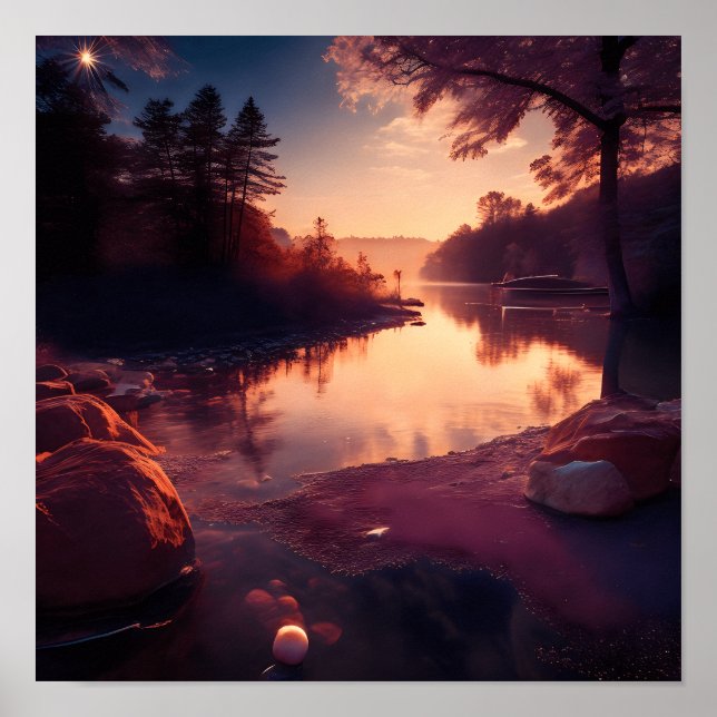 Morgonsoluppgång över ett fredligt Sjö Poster (Framsidan)