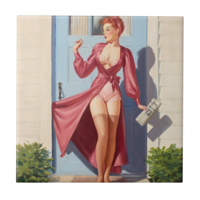 Morgontidning Pin-Up Flicka Kakelplatta (Framsidan)