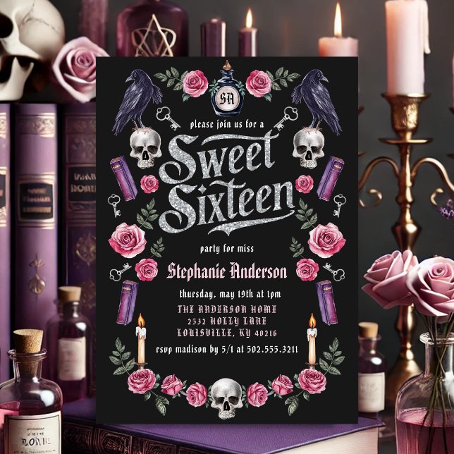Mörk Academia Gothic Silver Blommigt Sweet 16 Inbjudningar (Skapare uppladdad)