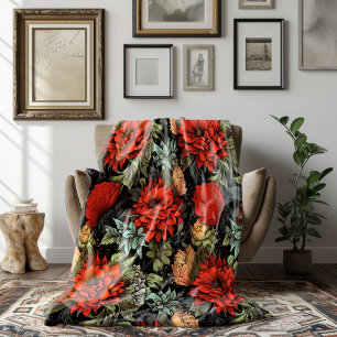 Mörk Academia Maximalist Red Dahlia Blommigt Fleecefilt