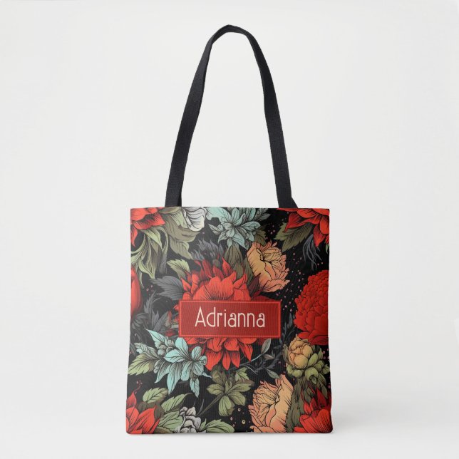 Mörk Academia Maximalist Red Dahlia Blommigt Tygkasse (Framsida)