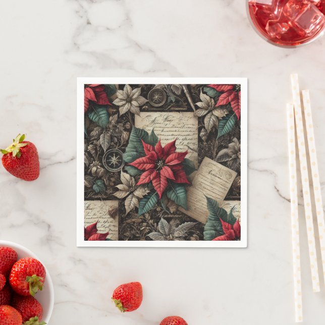 Mörk Academia Poinsettia Stationery Decoupage Pappersservett (Insitu)