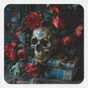 Mörk Academia Skull Flowers Fyrkantigt Klistermärke