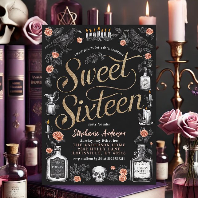 Mörk Academis Blommigt Sweet sixteen Birthday Inbjudningar (Skapare uppladdad)