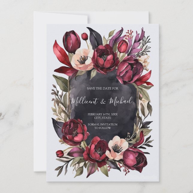Mörk Aesthetic Blommigt Save Date - Red & Black Inbjudningar (Framsida)