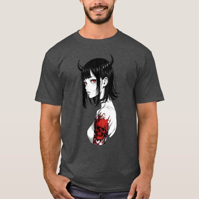 Mörk Aesthetic Demon Girl with Red Ögon T Shirt (Framsida)