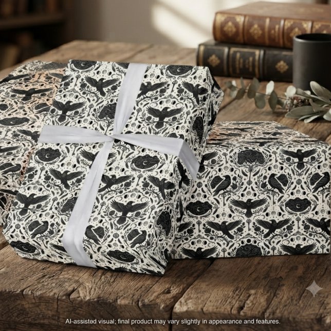 Mörk Akademi Etsad Elfenbenskråka Månnyckel Presentpapper (Dark Academia Etched Ivory Raven Moon Key Wrapping Paper for book lovers' holiday gifts.)