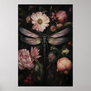 Mörk Akademi Trollslända Print, Dyster Blommig Trä Poster