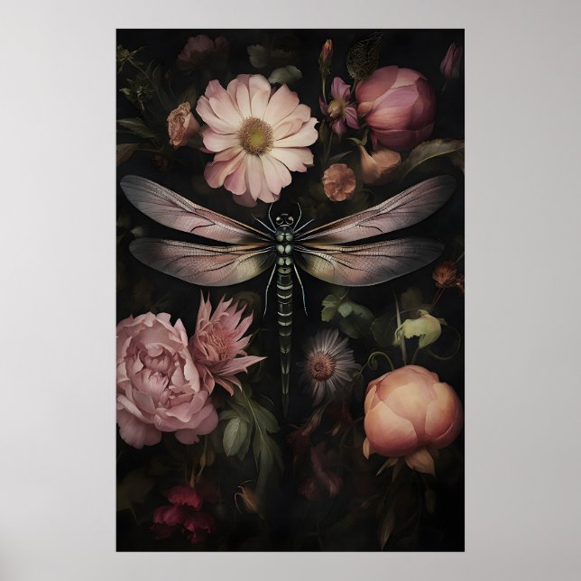Mörk Akademi Trollslända Print, Dyster Blommig Trä Poster (Framsidan)