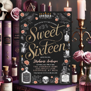 Mörk Akademisk Blommig Sweet Sixteen Födelsedag Inbjudningar
