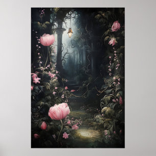 Mörk akademisk blommig tryck, gotisk slotts trädgå poster