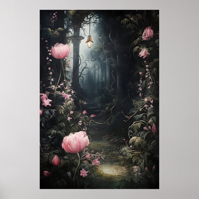 Mörk akademisk blommig tryck, gotisk slotts trädgå poster (Framsidan)
