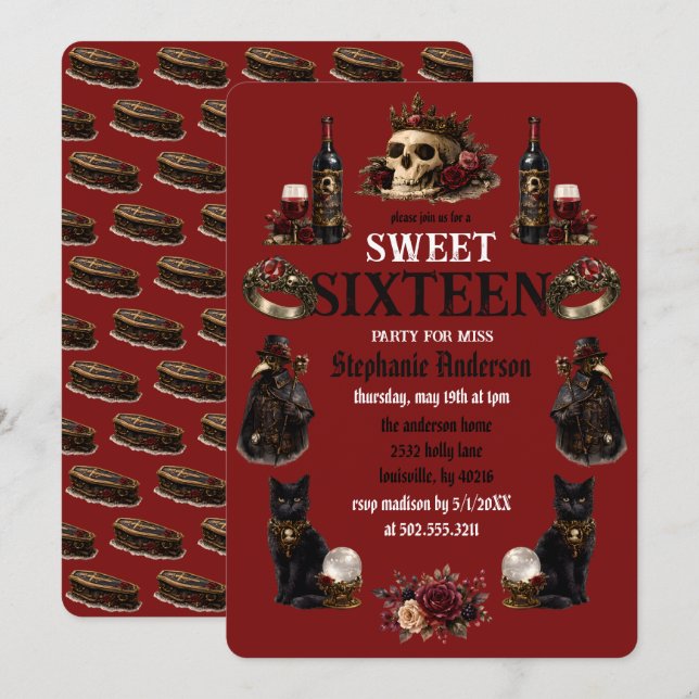 Mörk Akademisk Gothic Sweet 16 Inbjudningar (Fram/baksida)