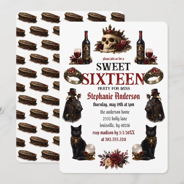 Mörk Akademisk Gothic Sweet 16 Inbjudningar (Fram/baksida)