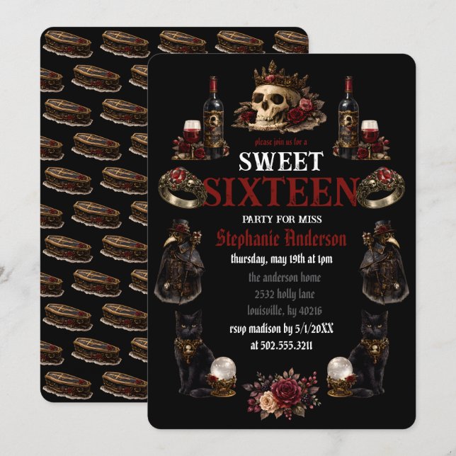 Mörk Akademisk Gothic Sweet 16 Inbjudningar (Fram/baksida)