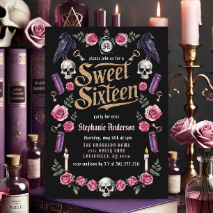 Mörk akademisk gotisk guldblommig Sweet 16 Inbjudningar